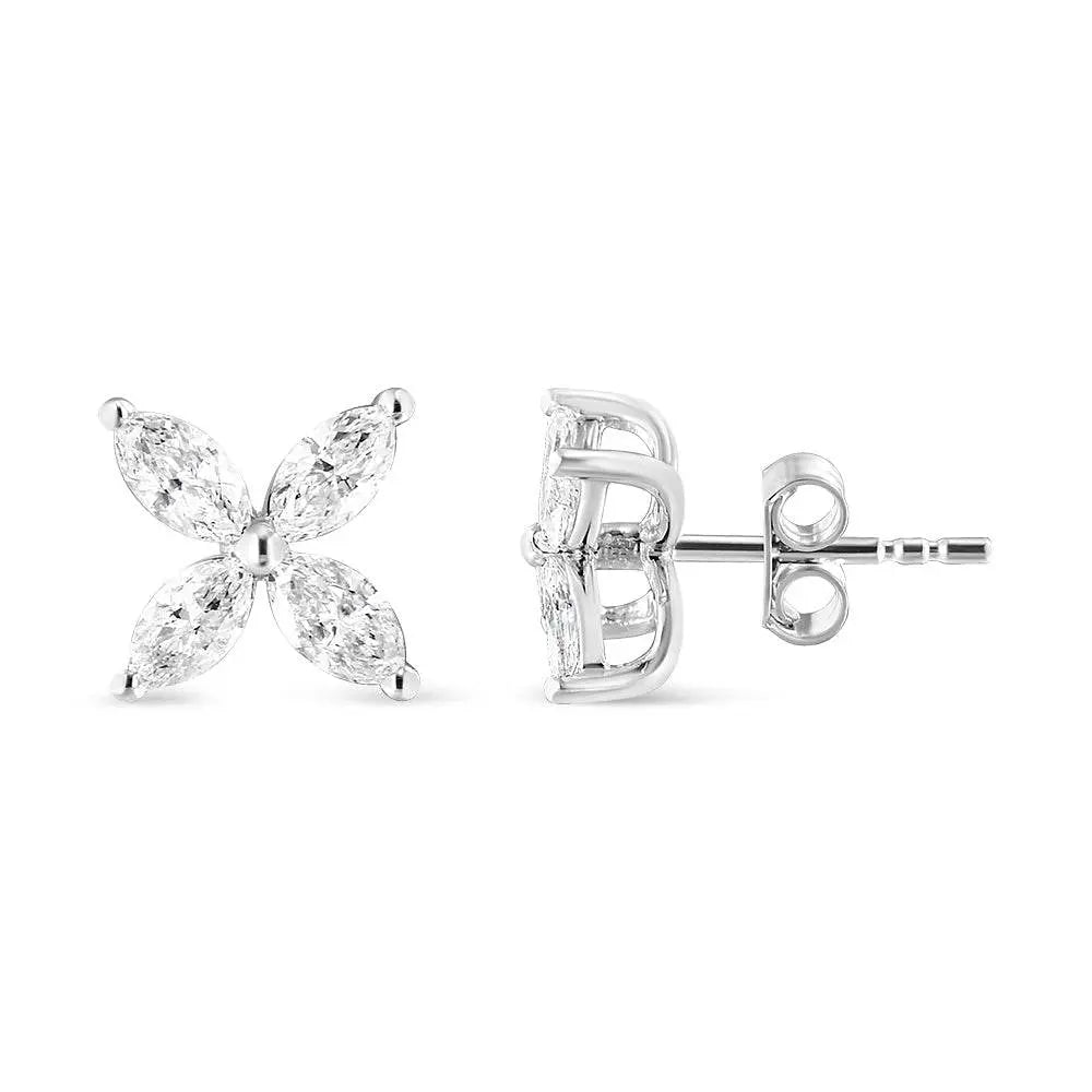 14K White Gold 1.0 Cttw Marquise Diamond 8 Stone Floral Leaf Stud Earrings (H-I Color, SI2-I1 Clarity) - Bijoux-NYC Direct