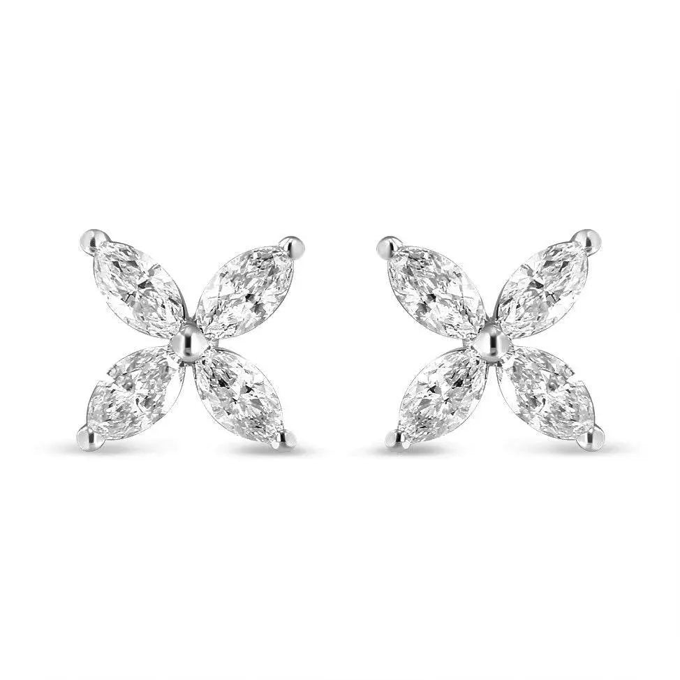 14K White Gold 1.0 Cttw Marquise Diamond 8 Stone Floral Leaf Stud Earrings (H-I Color, SI2-I1 Clarity) - Bijoux-NYC Direct