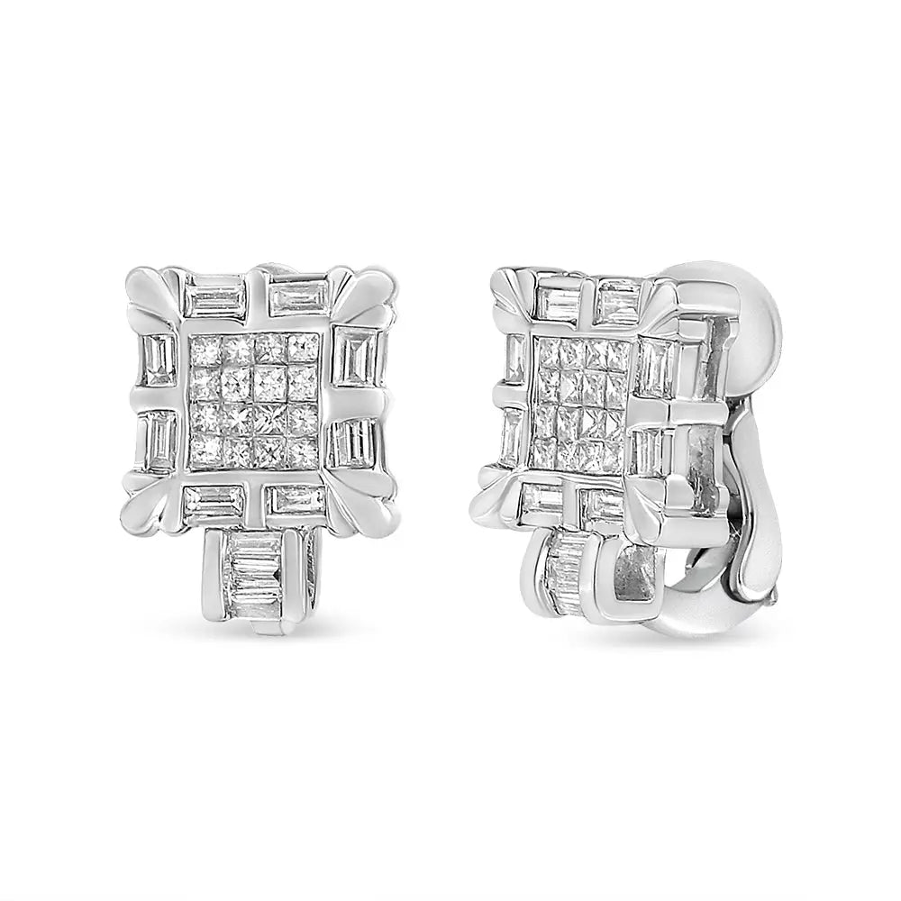 Princess cut and baguette diamond huggie earrings in 14k white gold 1 cttw bijoux-nyc direct