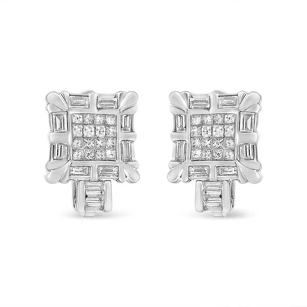 14K White Gold 1.0 Cttw Princess and Baguette-Cut Diamond Square Framed Huggie Hoop Omega Earrings (H-I Color, SI1-SI2 Clarity) - Bijoux-NYC Direct