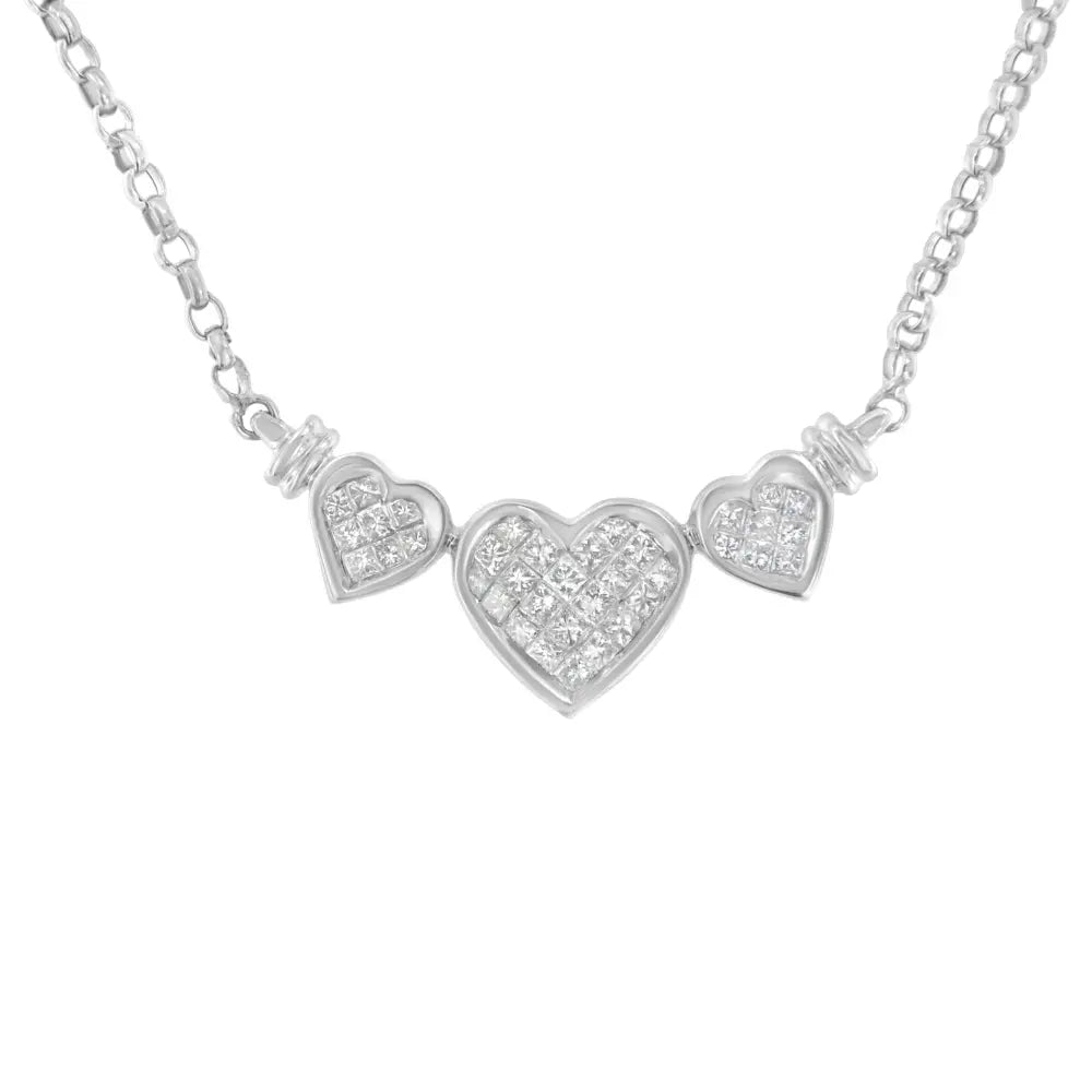 14K White Gold 1.0 Cttw Princess Cut Diamond Three Heart 18" Statement Pendant Necklace (H-I Color, SI2-I1 Clarity) - Bijoux-NYC Direct
