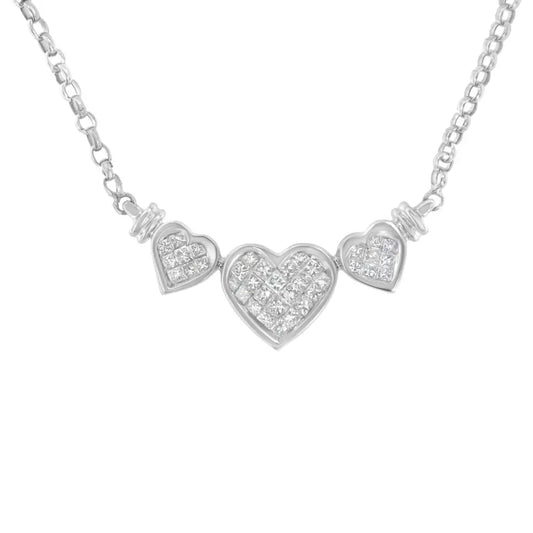 14K White Gold 1.0 Cttw Princess Cut Diamond Three Heart 18" Statement Pendant Necklace (H-I Color, SI2-I1 Clarity) - Bijoux-NYC Direct