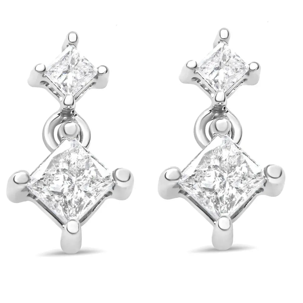14K White Gold 1.0 Cttw Princess-Cut Double Diamond Drop Stud Earrings for Women (H-I Color, I1-I2 Clarity) - Bijoux-NYC Direct