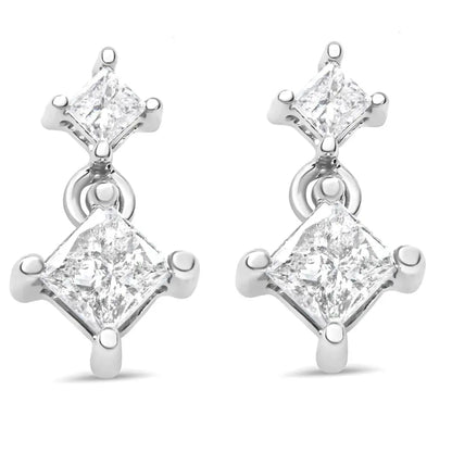 14K White Gold 1.0 Cttw Princess-Cut Double Diamond Drop Stud Earrings for Women (H-I Color, I1-I2 Clarity) - Bijoux-NYC Direct
