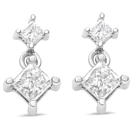 14K White Gold 1.0 Cttw Princess-Cut Double Diamond Drop Stud Earrings for Women (H-I Color, I1-I2 Clarity) - Bijoux-NYC Direct