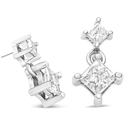 14K White Gold 1.0 Cttw Princess-Cut Double Diamond Drop Stud Earrings for Women (H-I Color, I1-I2 Clarity) - Bijoux-NYC Direct