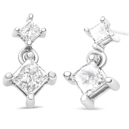 14K White Gold 1.0 Cttw Princess-Cut Double Diamond Drop Stud Earrings for Women (H-I Color, I1-I2 Clarity) - Bijoux-NYC Direct