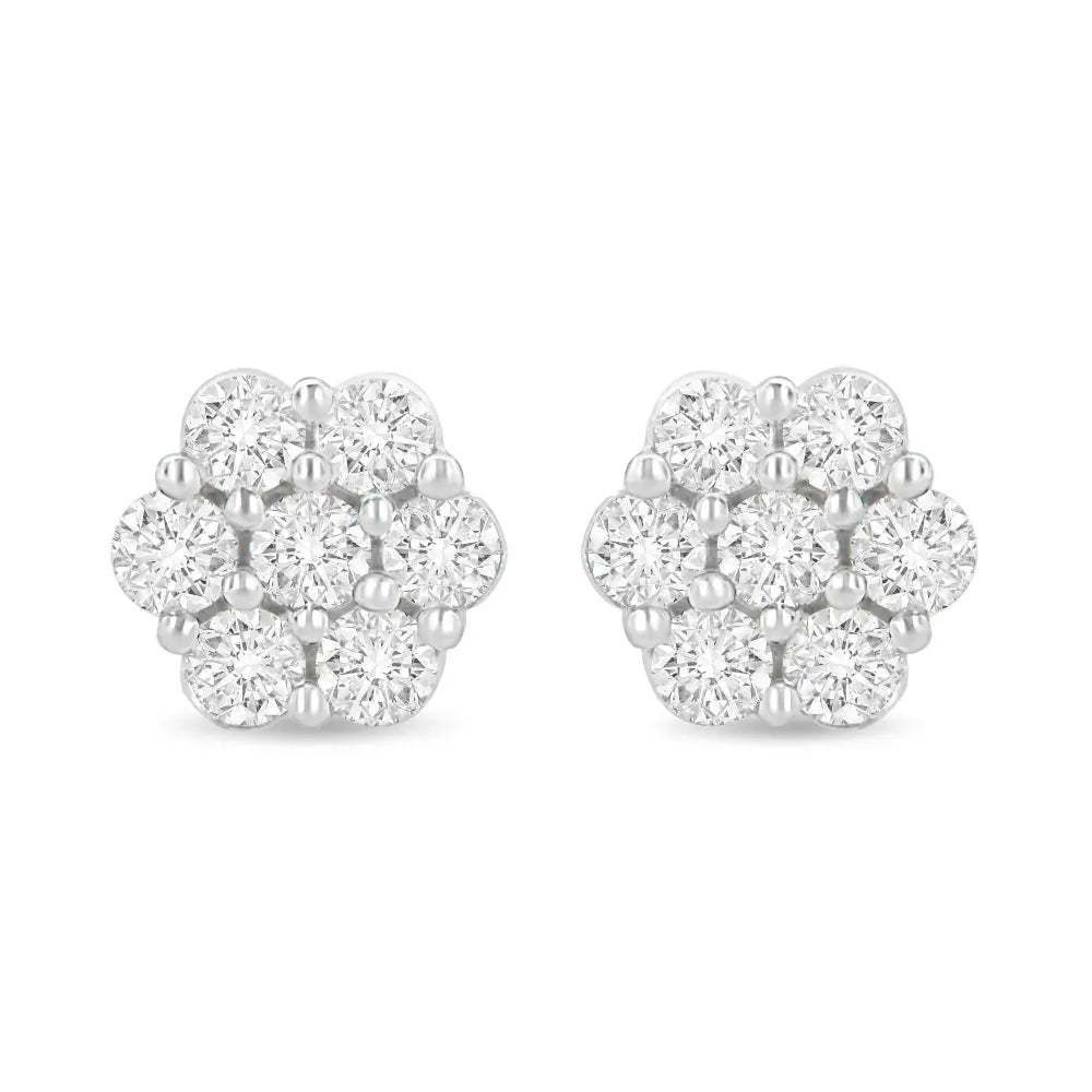 14K White Gold 1.0 Cttw Prong Set Round-Cut Diamond Floral Stud Earrings (H-I Color, I1-I2 Clarity) - Bijoux-NYC Direct