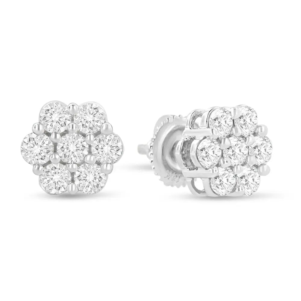 14K White Gold 1.0 Cttw Prong Set Round-Cut Diamond Floral Stud Earrings (H-I Color, I1-I2 Clarity) - Bijoux-NYC Direct
