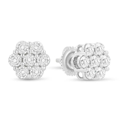 14K White Gold 1.0 Cttw Prong Set Round-Cut Diamond Floral Stud Earrings (H-I Color, I1-I2 Clarity) - Bijoux-NYC Direct