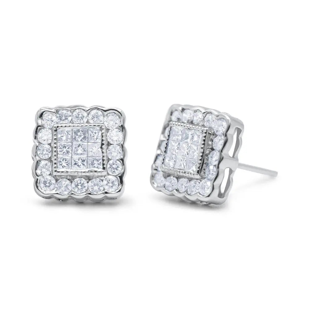 14K White Gold 1.0 Cttw Round Brilliant & Princess Cut Diamond Scallop-Edge Framed Square Halo Stud Earrings (G-H Color, SI1-SI2 Clarity) - Bijoux-NYC Direct