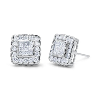 14K White Gold 1.0 Cttw Round Brilliant & Princess Cut Diamond Scallop-Edge Framed Square Halo Stud Earrings (G-H Color, SI1-SI2 Clarity) - Bijoux-NYC Direct
