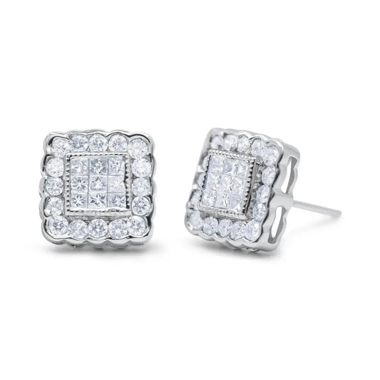 14K White Gold 1.0 Cttw Round Brilliant & Princess Cut Diamond Scallop-Edge Framed Square Halo Stud Earrings (G-H Color, SI1-SI2 Clarity) - Bijoux-NYC Direct