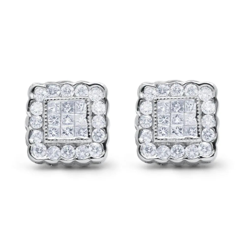 14K White Gold 1.0 Cttw Round Brilliant & Princess Cut Diamond Scallop-Edge Framed Square Halo Stud Earrings (G-H Color, SI1-SI2 Clarity) - Bijoux-NYC Direct