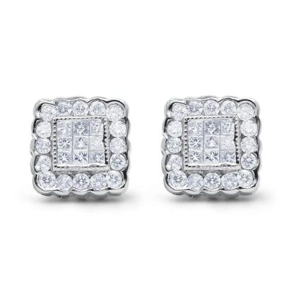 14K White Gold 1.0 Cttw Round Brilliant & Princess Cut Diamond Scallop-Edge Framed Square Halo Stud Earrings (G-H Color, SI1-SI2 Clarity) - Bijoux-NYC Direct