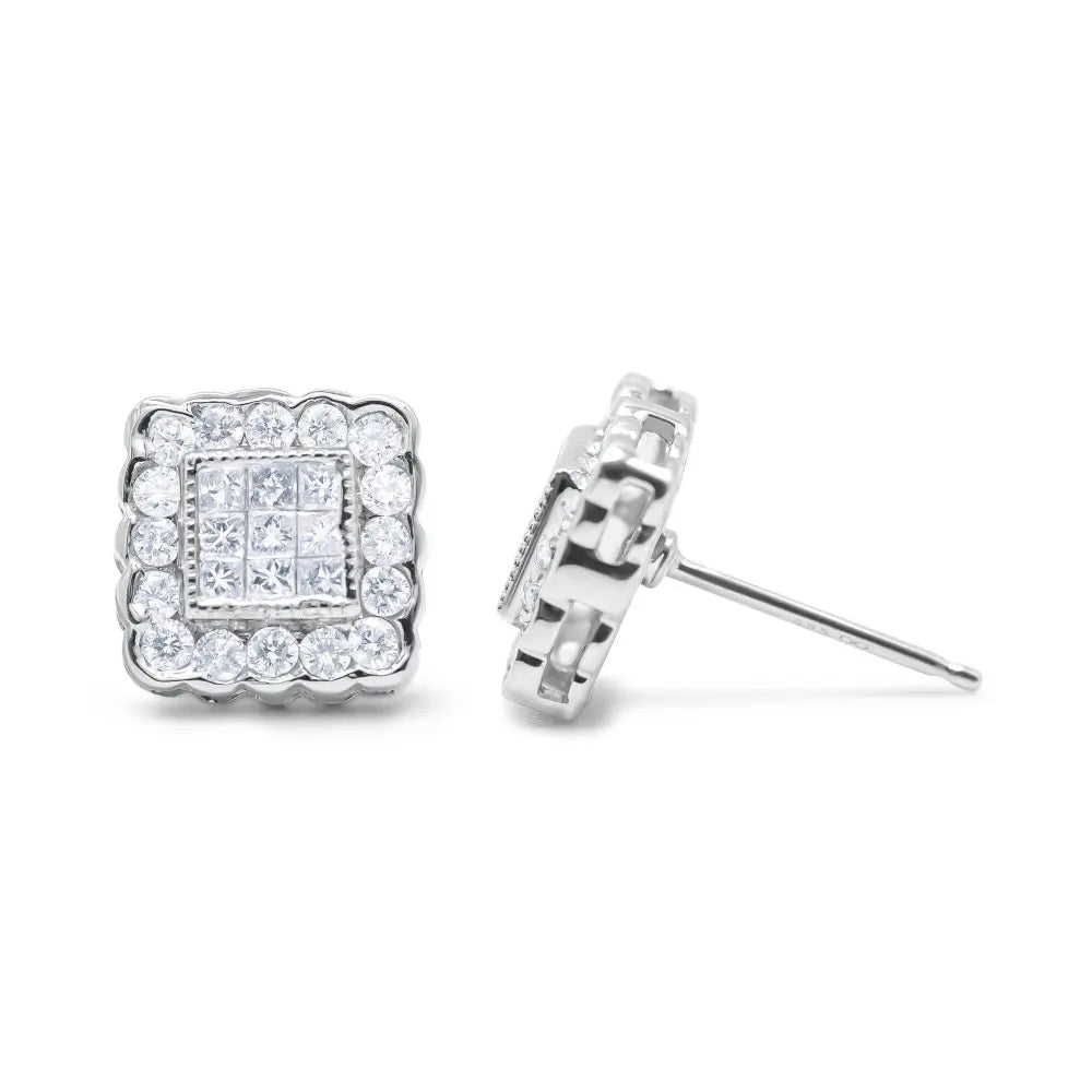 14K White Gold 1.0 Cttw Round Brilliant & Princess Cut Diamond Scallop-Edge Framed Square Halo Stud Earrings (G-H Color, SI1-SI2 Clarity) - Bijoux-NYC Direct
