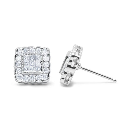 14K White Gold 1.0 Cttw Round Brilliant & Princess Cut Diamond Scallop-Edge Framed Square Halo Stud Earrings (G-H Color, SI1-SI2 Clarity) - Bijoux-NYC Direct