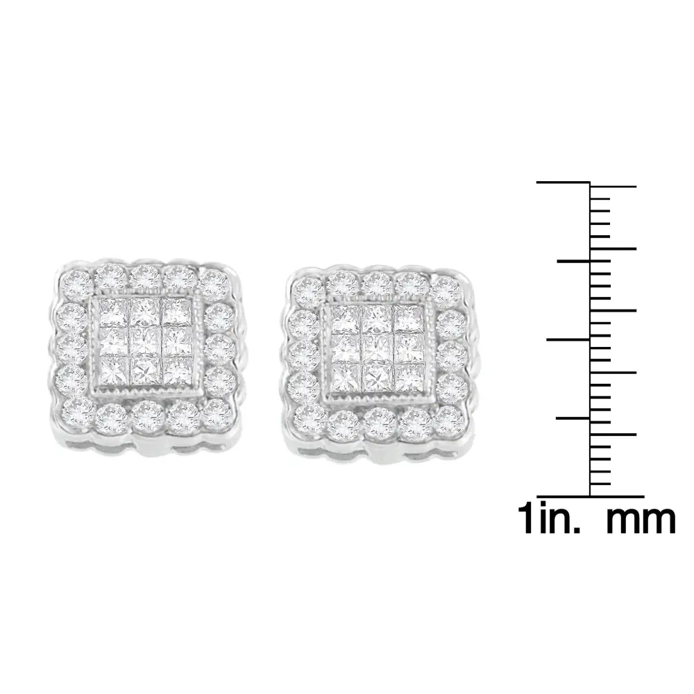 14K White Gold 1.0 Cttw Round Brilliant & Princess Cut Diamond Scallop-Edge Framed Square Halo Stud Earrings (G-H Color, SI1-SI2 Clarity) - Bijoux-NYC Direct