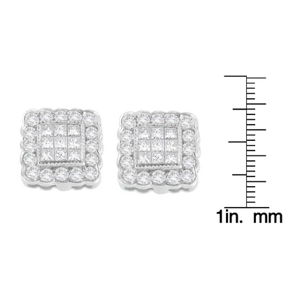14K White Gold 1.0 Cttw Round Brilliant & Princess Cut Diamond Scallop-Edge Framed Square Halo Stud Earrings (G-H Color, SI1-SI2 Clarity) - Bijoux-NYC Direct