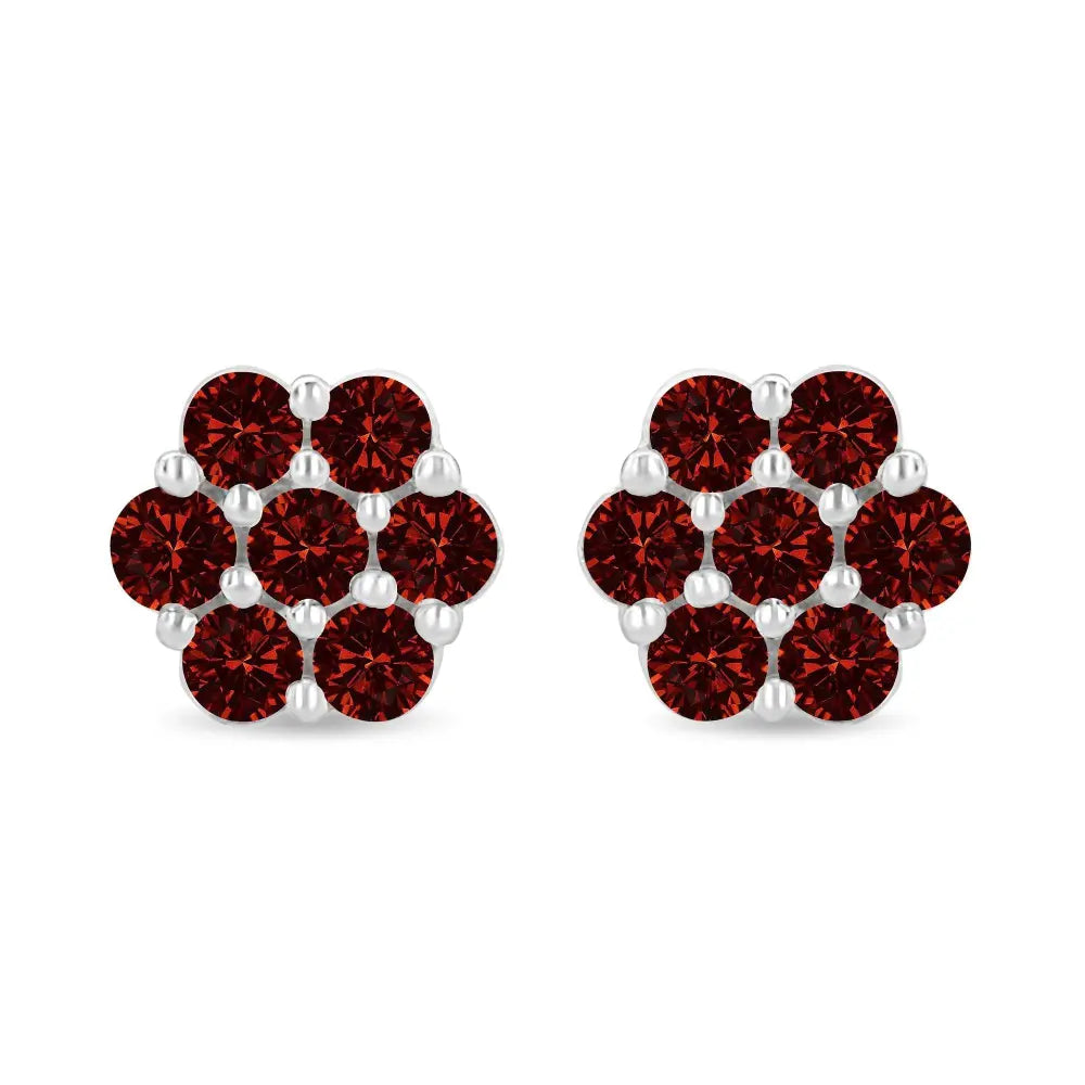 14K White Gold 1.0 Cttw Treated Red Diamond Prong Set 7 Stone Floral Stud Earrings (Treated Red Color, SI2-I1 Clarity) - Bijoux-NYC Direct