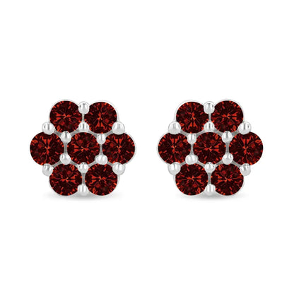 14K White Gold 1.0 Cttw Treated Red Diamond Prong Set 7 Stone Floral Stud Earrings (Treated Red Color, SI2-I1 Clarity) - Bijoux-NYC Direct