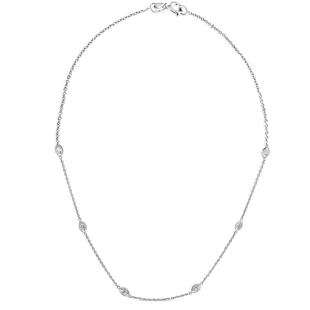 14K White Gold 1.00 Cttw Bezel Set Round Diamond Marquise Shaped Milgrain Station 18" Collar Necklace (G-H Color, SI1-SI2 Clarity) - Bijoux-NYC Direct