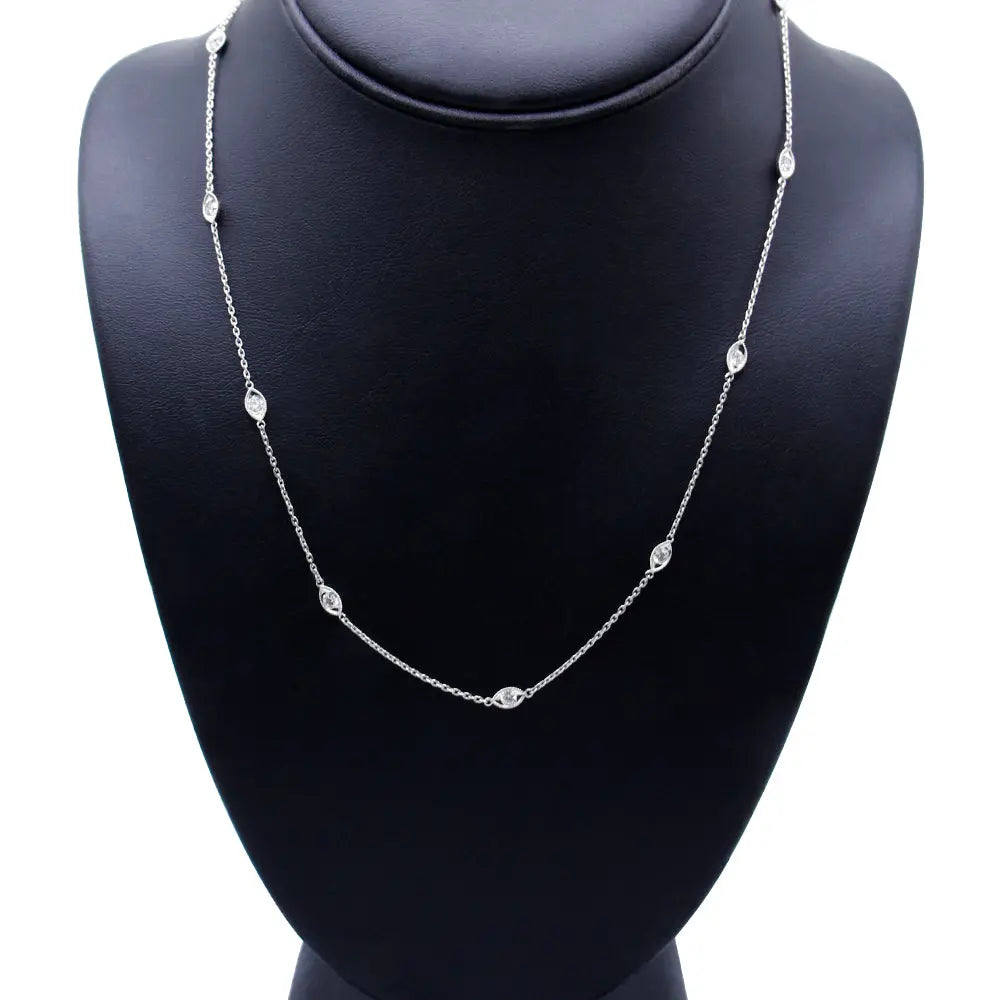 14K White Gold 1.00 Cttw Bezel Set Round Diamond Marquise Shaped Milgrain Station 18" Collar Necklace (G-H Color, SI1-SI2 Clarity) - Bijoux-NYC Direct