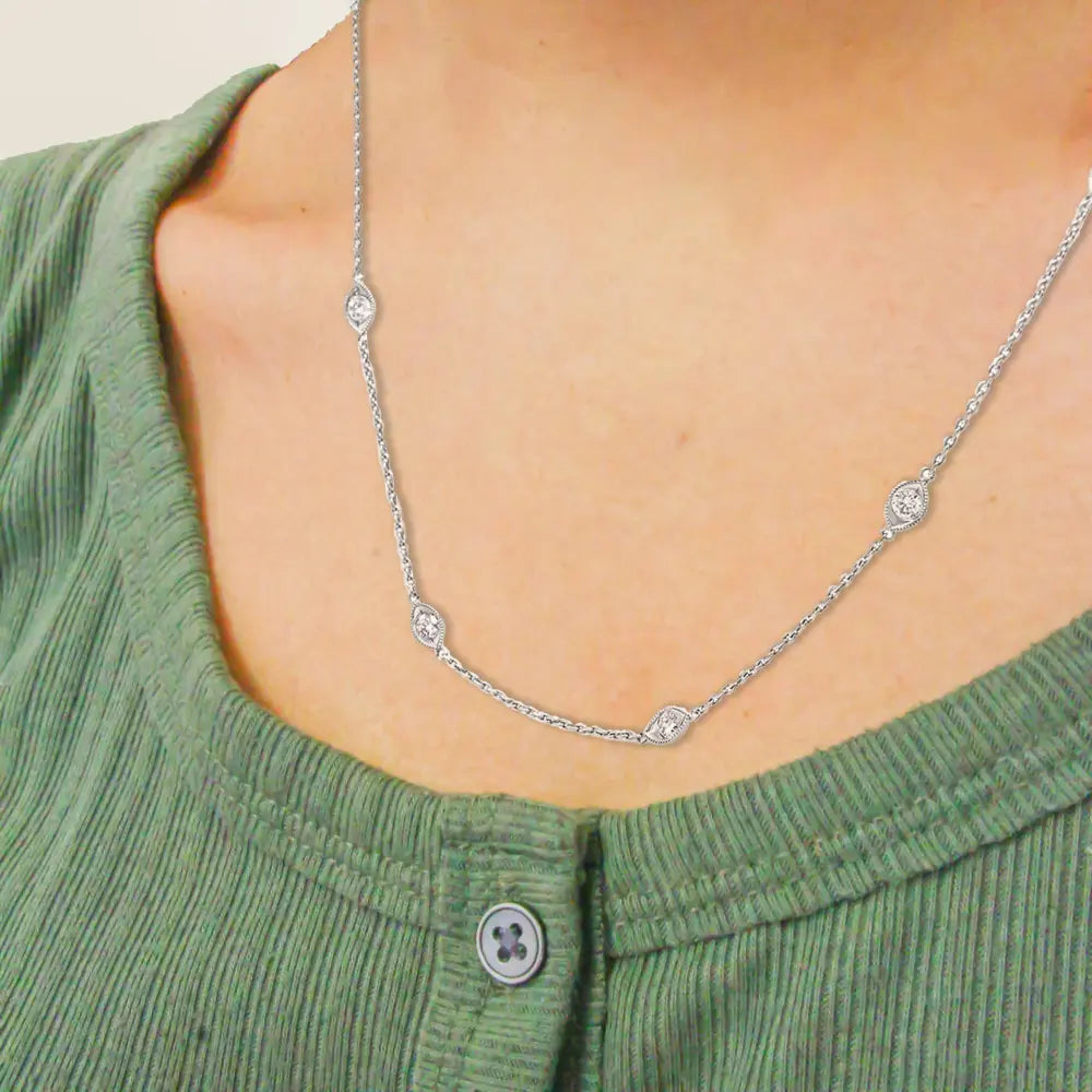 14K White Gold 1.00 Cttw Bezel Set Round Diamond Marquise Shaped Milgrain Station 18" Collar Necklace (G-H Color, SI1-SI2 Clarity) - Bijoux-NYC Direct