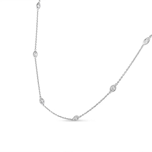 14K White Gold 1.00 Cttw Bezel Set Round Diamond Marquise Shaped Milgrain Station 18" Collar Necklace (G-H Color, SI1-SI2 Clarity) - Bijoux-NYC Direct
