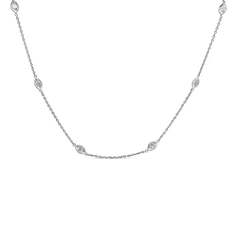 14K White Gold 1.00 Cttw Bezel Set Round Diamond Marquise Shaped Milgrain Station 18" Collar Necklace (G-H Color, SI1-SI2 Clarity) - Bijoux-NYC Direct