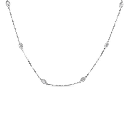 14K White Gold 1.00 Cttw Bezel Set Round Diamond Marquise Shaped Milgrain Station 18" Collar Necklace (G-H Color, SI1-SI2 Clarity) - Bijoux-NYC Direct