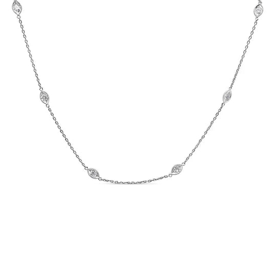 14K White Gold 1.00 Cttw Bezel Set Round Diamond Marquise Shaped Milgrain Station 18" Collar Necklace (G-H Color, SI1-SI2 Clarity) - Bijoux-NYC Direct