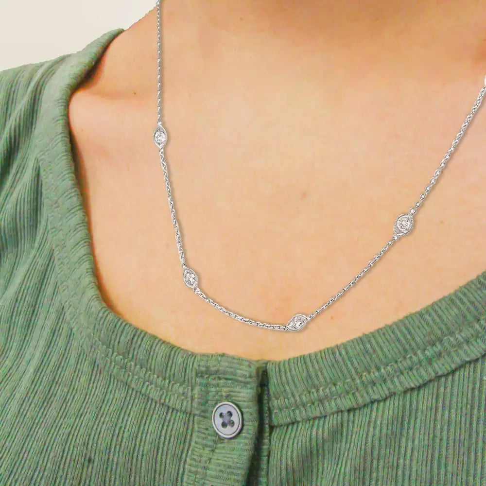 1.00 cttw diamond marquise milgrain station 18 inch necklace 14k white gold bijoux-nyc direct