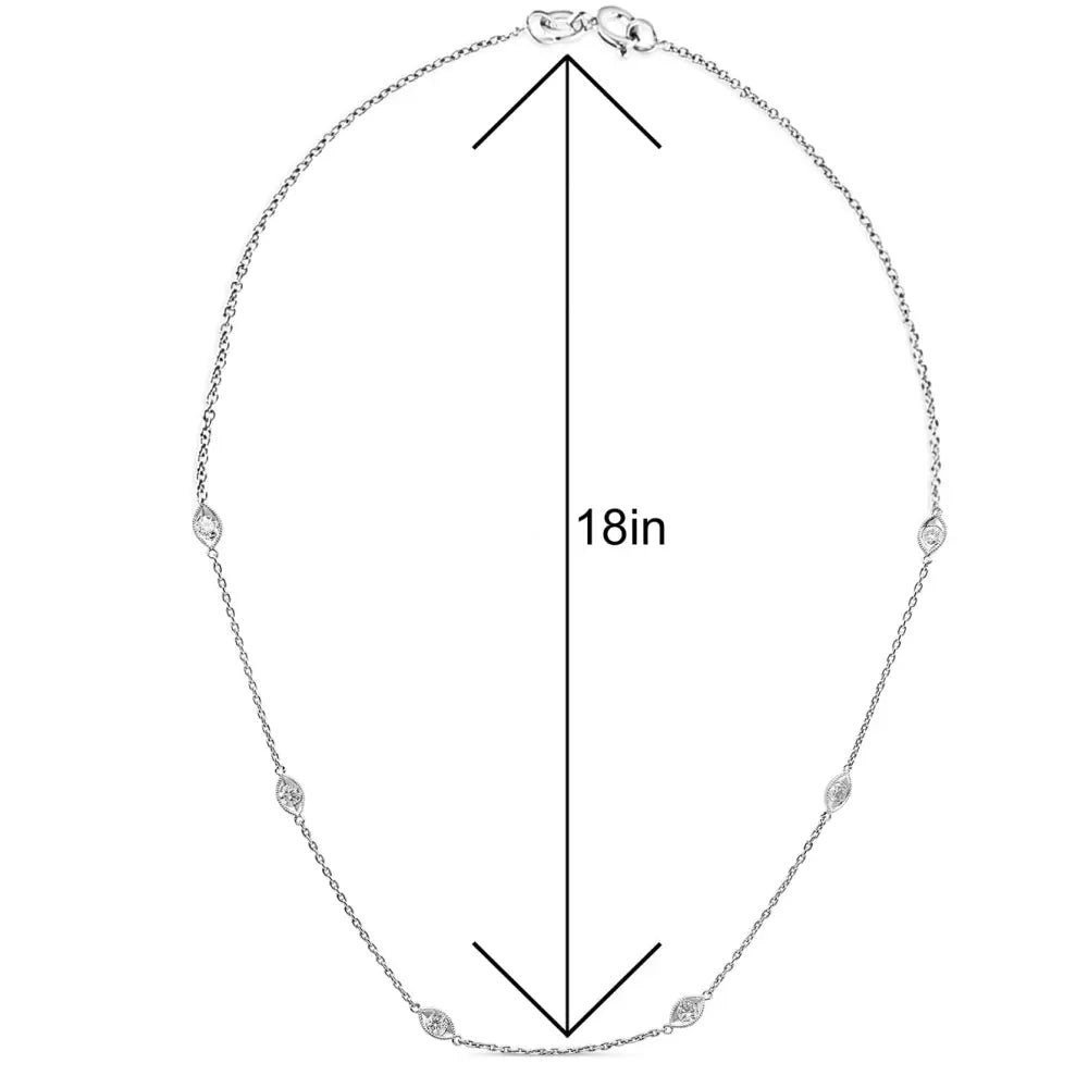 14K White Gold 1.00 Cttw Bezel Set Round Diamond Marquise Shaped Milgrain Station 18" Collar Necklace (G-H Color, SI1-SI2 Clarity) - Bijoux-NYC Direct