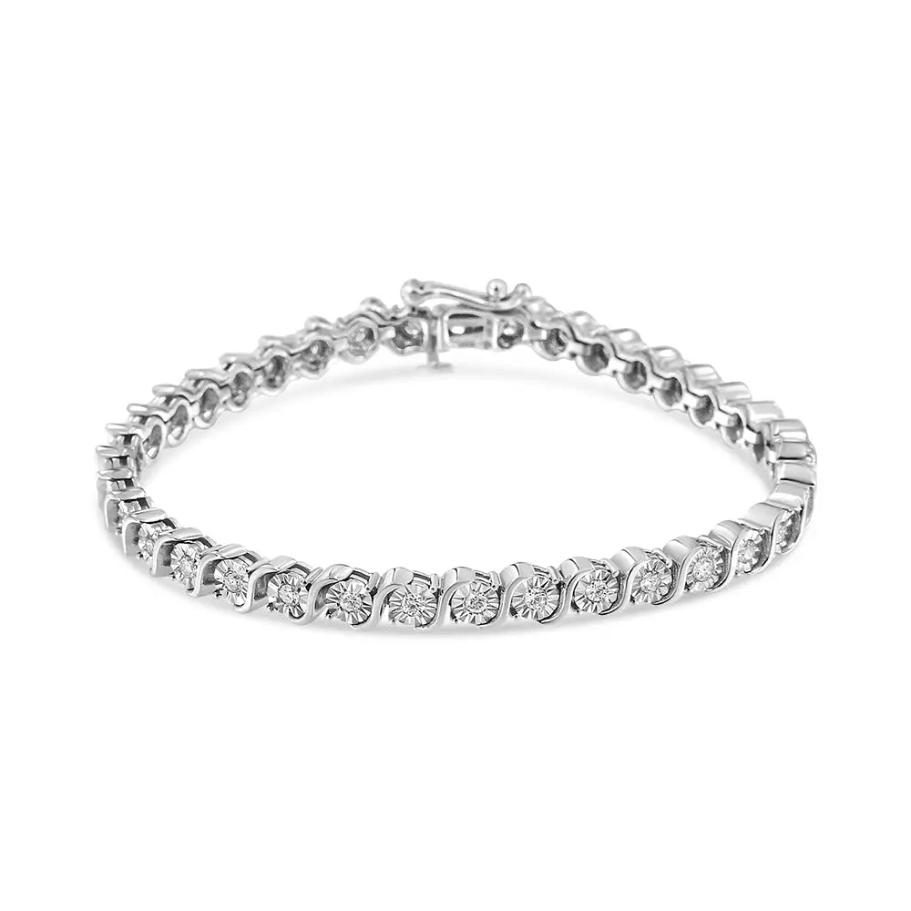 14K White Gold 1.00 Cttw Lab Grown Diamond Round Miracle Plate and "S" Link Tennis Bracelet (F-G Color, VS2-SI1 Clarity) Size 7" - Bijoux-NYC Direct
