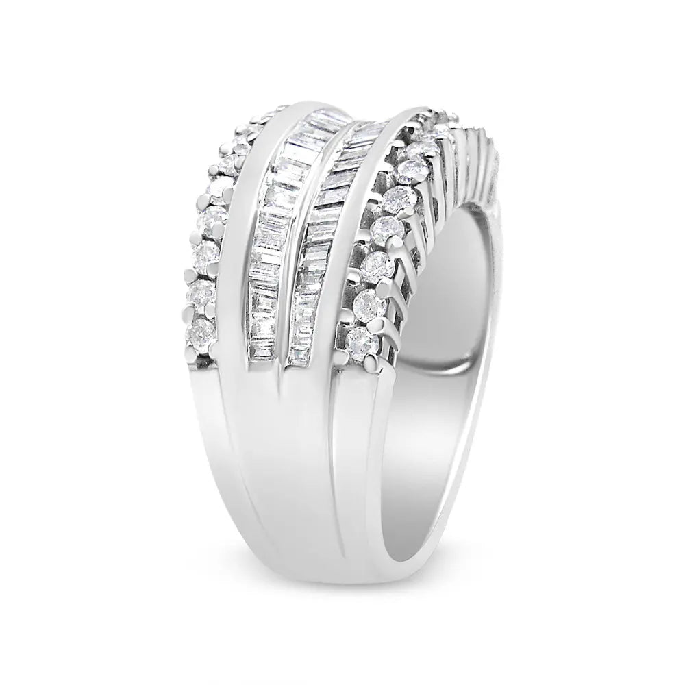 14K White Gold 1.00 Cttw Round and Baguette-Cut Diamond Modern Band Ring (H-I Color, SI2-I1 Clarity) - Bijoux-NYC Direct