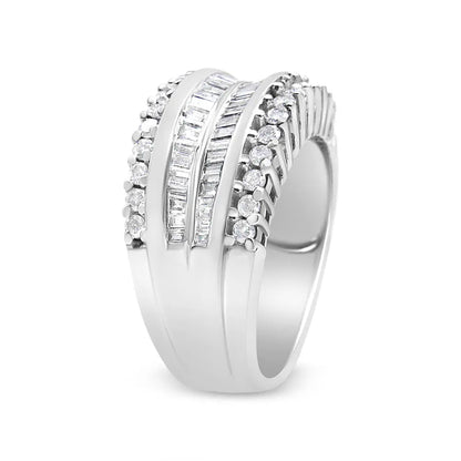 14K White Gold 1.00 Cttw Round and Baguette-Cut Diamond Modern Band Ring (H-I Color, SI2-I1 Clarity) - Bijoux-NYC Direct