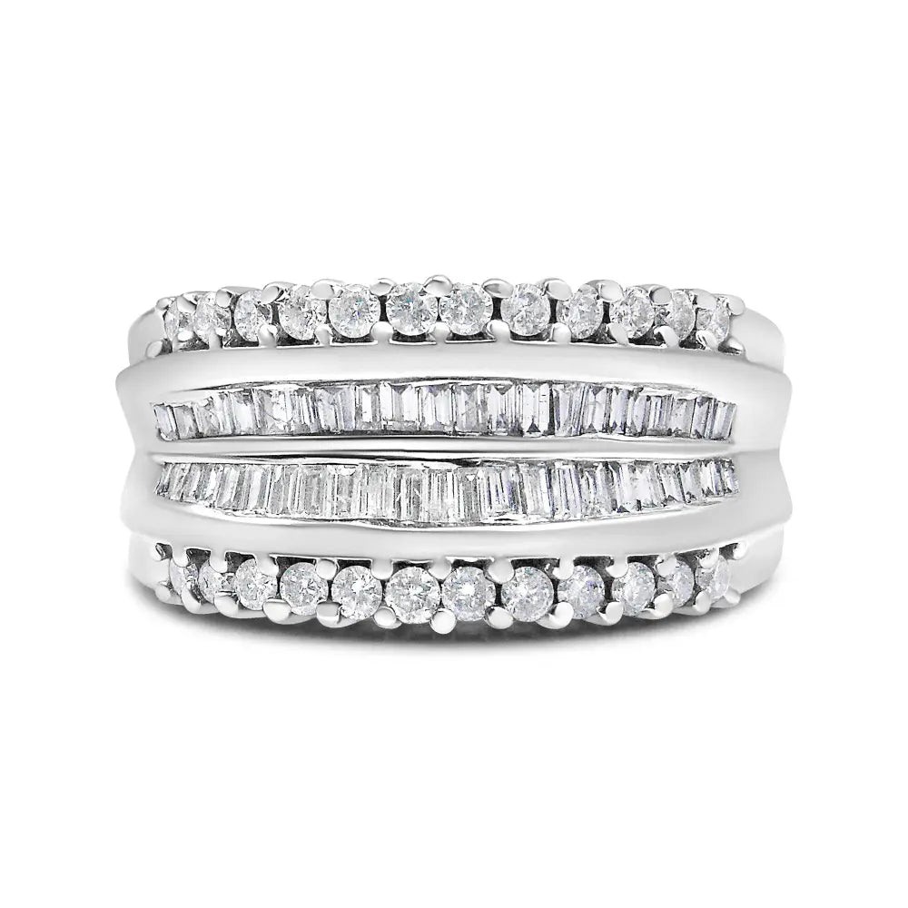 14K White Gold 1.00 Cttw Round and Baguette-Cut Diamond Modern Band Ring (H-I Color, SI2-I1 Clarity) - Bijoux-NYC Direct