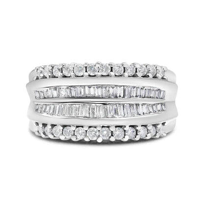 14K White Gold 1.00 Cttw Round and Baguette-Cut Diamond Modern Band Ring (H-I Color, SI2-I1 Clarity) - Bijoux-NYC Direct