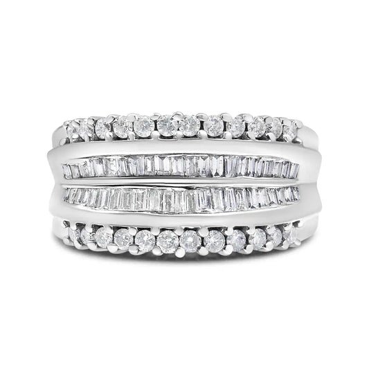 14K White Gold 1.00 Cttw Round and Baguette-Cut Diamond Modern Band Ring (H-I Color, SI2-I1 Clarity) - Bijoux-NYC Direct