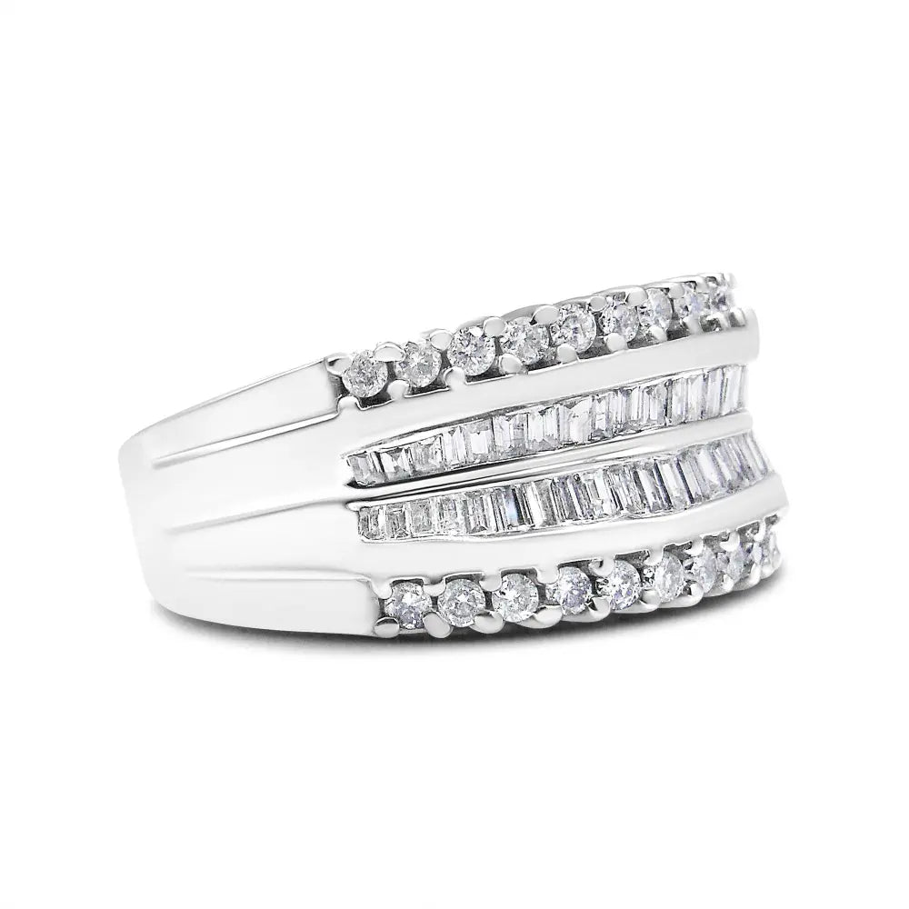 14K White Gold 1.00 Cttw Round and Baguette-Cut Diamond Modern Band Ring (H-I Color, SI2-I1 Clarity) - Bijoux-NYC Direct