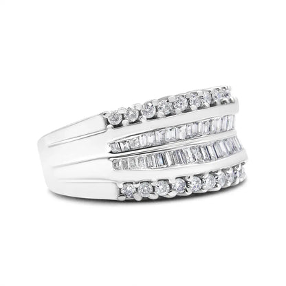 14K White Gold 1.00 Cttw Round and Baguette-Cut Diamond Modern Band Ring (H-I Color, SI2-I1 Clarity) - Bijoux-NYC Direct