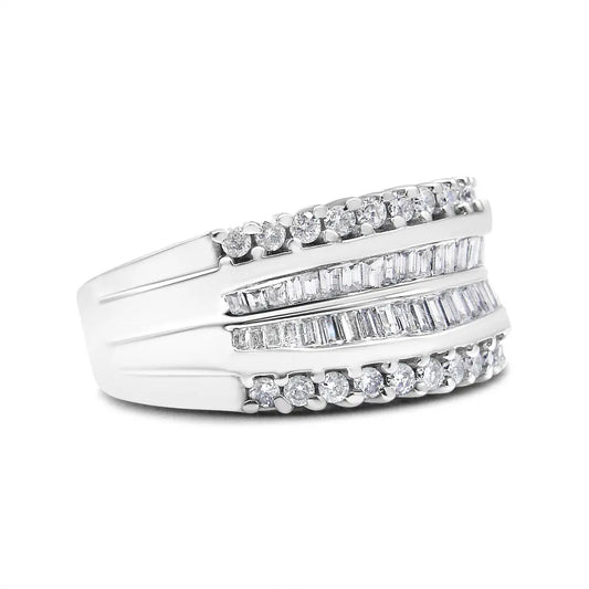 14K White Gold 1.00 Cttw Round and Baguette-Cut Diamond Modern Band Ring (H-I Color, SI2-I1 Clarity) - Bijoux-NYC Direct
