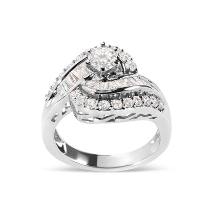 14K White Gold 1.00 Cttw Round and Baguette cut Diamond Swirl Cocktail Ring (H-I Color, SI2-I1 Clarity) - Bijoux-NYC Direct
