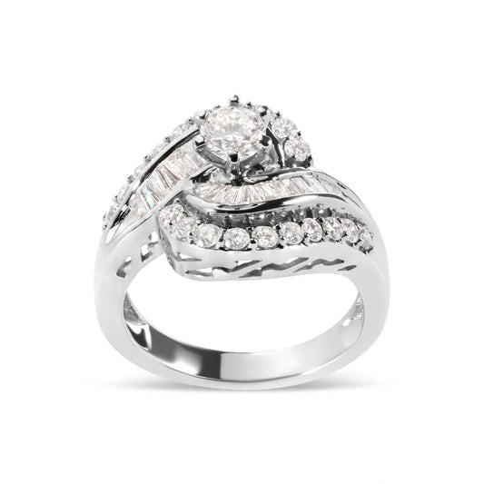 14K White Gold 1.00 Cttw Round and Baguette cut Diamond Swirl Cocktail Ring (H-I Color, SI2-I1 Clarity) - Bijoux-NYC Direct