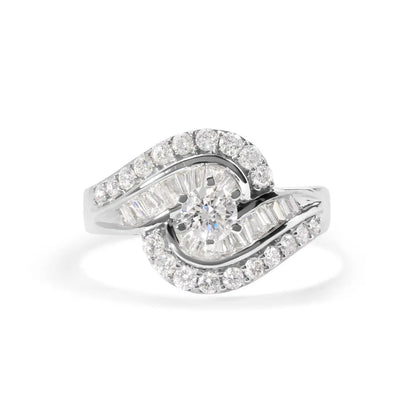 14K White Gold 1.00 Cttw Round and Baguette cut Diamond Swirl Cocktail Ring (H-I Color, SI2-I1 Clarity) - Bijoux-NYC Direct