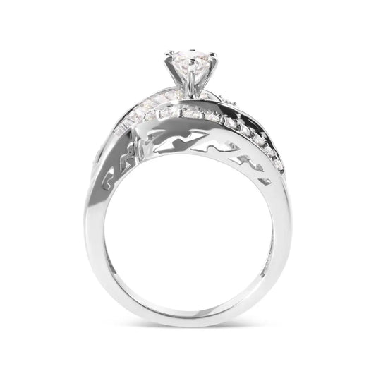 14K White Gold 1.00 Cttw Round and Baguette cut Diamond Swirl Cocktail Ring (H-I Color, SI2-I1 Clarity) - Bijoux-NYC Direct