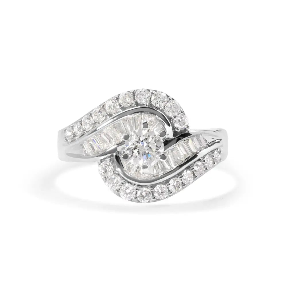 14k white gold 1.00 cttw round and baguette diamond swirl cocktail ring bijoux-nyc direct