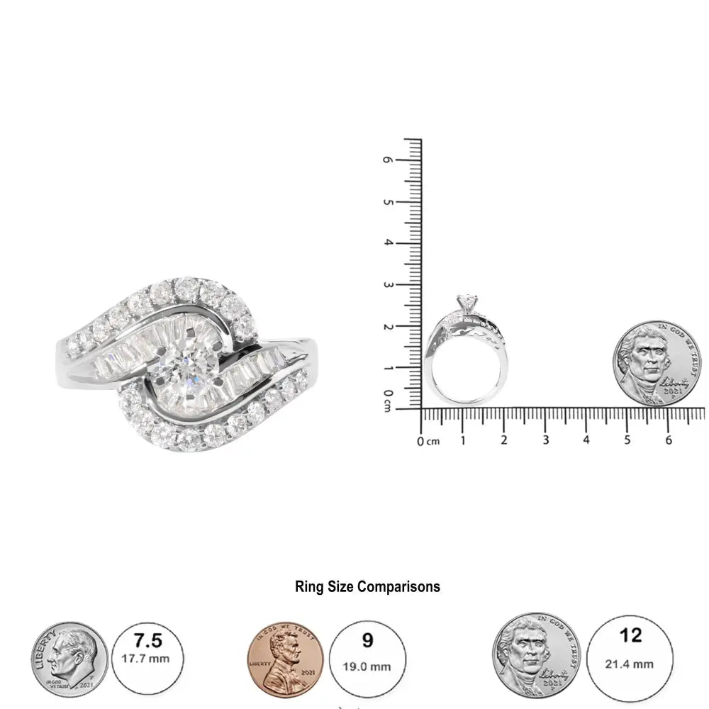 14k white gold 1.00 cttw round and baguette diamond swirl cocktail ring bijoux-nyc direct