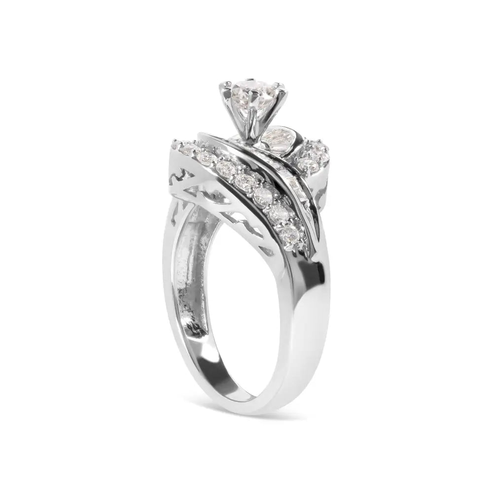 14k white gold 1.00 cttw round and baguette diamond swirl cocktail ring bijoux-nyc direct